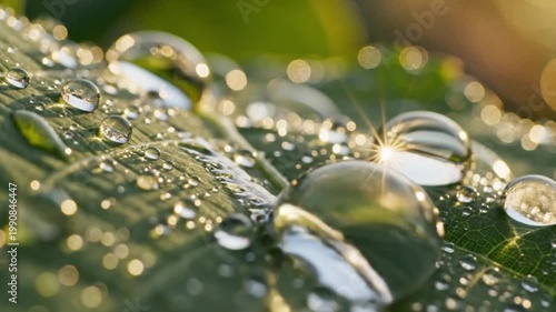 Closeup of water droplets on green leaf in natural light  