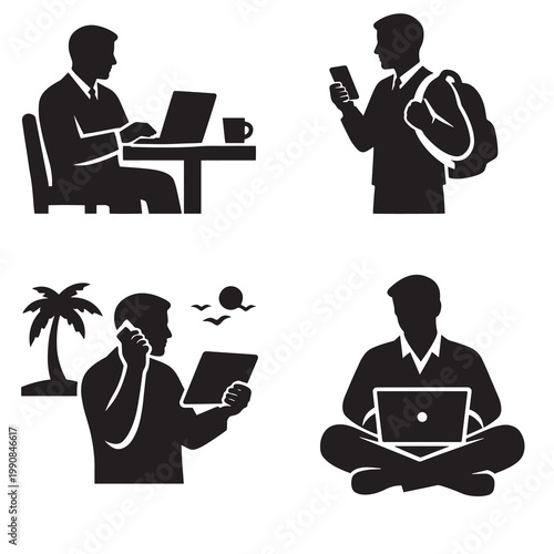 Four technology silhouette icons showing laptop use smartphone check vacation tablet multitasking and cross legged remote work in simple black design