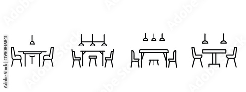 Dining table web line icons set chair furniture interior home restaurant cafe meal desk seating web line icons set & more vector illustration with editable stroke