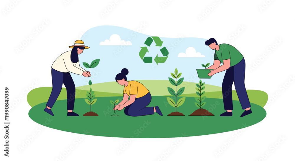 Fototapeta premium Environmentally conscious people planting young trees in a field to promote reforestation and ecological sustainability for the planet.