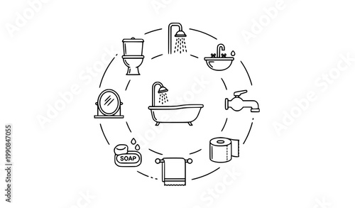 A bathroom objects line icon set arranged in a structured grid layout. Icons include toilet, sink, shower, bathtub, faucet, mirror, soap dispenser, towel, toilet paper, and cleaning accessories. All i