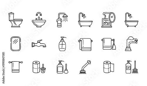Bathroom icon vector set with toilet sink shower bathtub and hygiene accessories in minimal line style