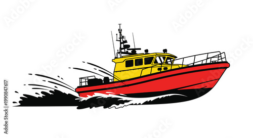 Stylized illustration of a yellow and red rescue boat speeding through water