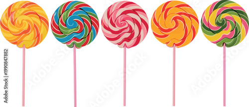 Colorful Swirled Lollipop Set Flat Vector Illustration with Rainbow Spiral Patterns and Sweet Candy Sticks Isolated on White Background