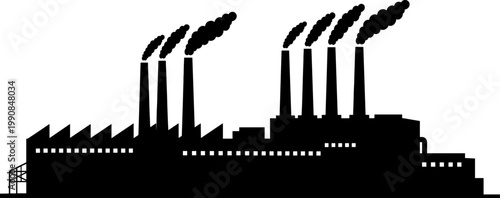 Industrial factory silhouette with smoking chimneys and manufacturing buildings