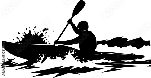 Kayaker paddling through rough water and waves