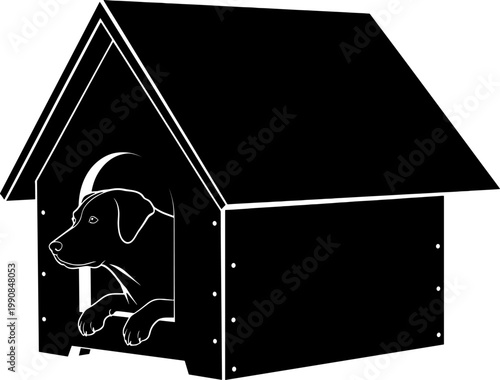 Labrador puppy looking out from a doghouse silhouette