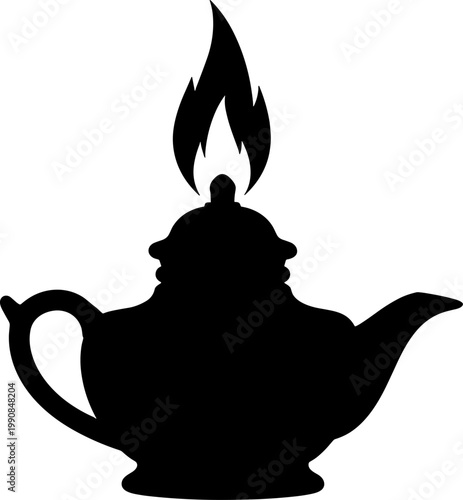 Magic oil lamp silhouette with a burning flame for wish fulfillment