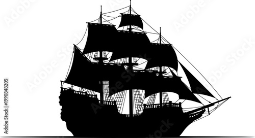 Majestic three masted wooden sailing ship silhouette on the ocean