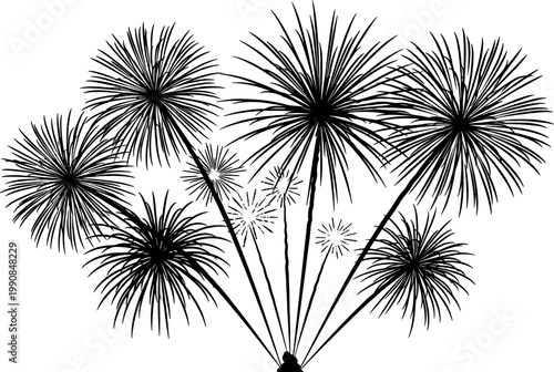 Multiple firework bursts silhouette exploding during a night celebration