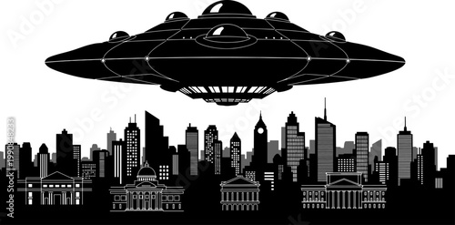 Massive alien spacecraft silhouette hovering over a city skyline