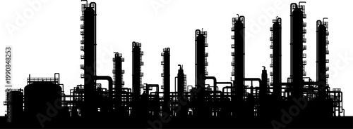Oil refinery facility with distillation towers and pipes