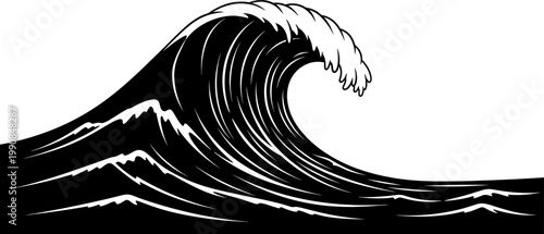 Powerful cresting wave in the deep ocean silhouette