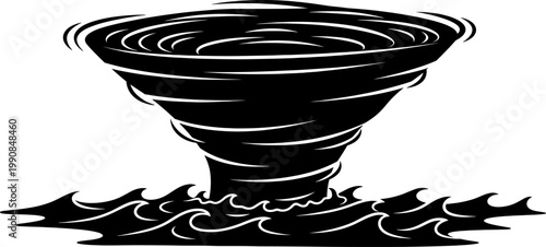 Swirling whirlpool silhouette moving through water waves