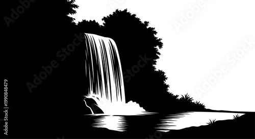 Tropical waterfall cascading into jungle pool silhouette
