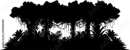 Tropical jungle rainforest silhouette with hanging vines and dense foliage