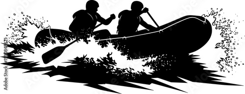 White water rafting team navigating rapids silhouette