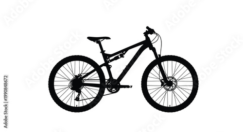 Silhouette of a modern mountain bike against a stark white backdrop