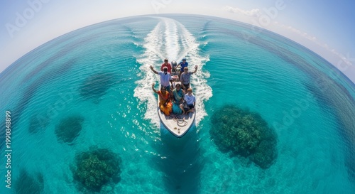 A group of four diverse men in a speedboat on clear turquoise water. Coral reefs are visible beneath the surface. Bright sunny day with blue sky.