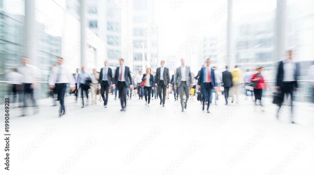 Fototapeta premium Blurred motion of a large crowd of business people walking towards the camera in a modern bright corporate building