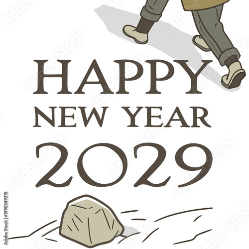 Happy new year 2029 greeting card with person running and rock