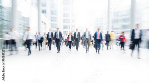 Blurred motion of a large crowd of business people walking towards the camera in a modern bright corporate building