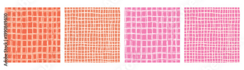 Four abstract graphic illustration designs featuring a modern grid pattern in coral and pink color palettes with a hand-drawn feel perfect for backgrounds