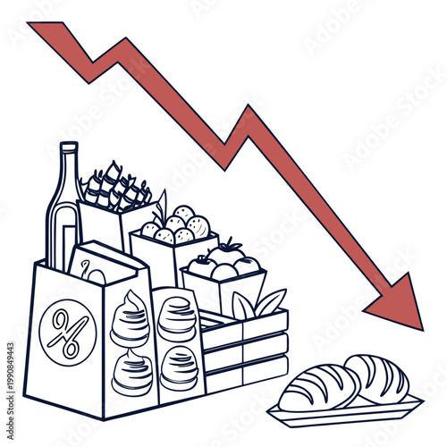 Vector illustration of grocery shopping bags and food with a downward trend arrow indicating a decrease in sales or consumption