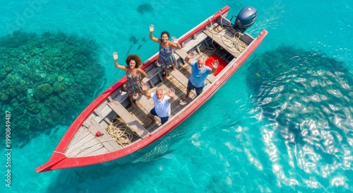 A group of four diverse people on a red boat in clear turquoise water. They are smiling and waving. The scene captures a joyful moment in a tropical setting.