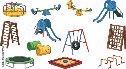 Cartoon Kids Playground Equipment Set with Slide, Swing, Seesaw, Trampoline, and Sandbox for Outdoor Park and School Design
