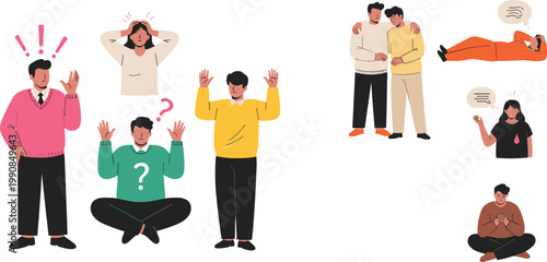 People Emotions and Support Illustration Set with Stress, Confusion, Anxiety, Friendship, Comfort, and Mental Health Awareness Flat Vector Characters