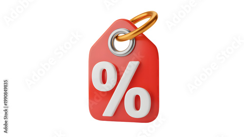 A 3D rendered red tag with a white percentage symbol indicates a sale or discount against a black background