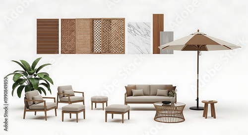 Modern beige outdoor patio furniture set with plant and decorative wall panels