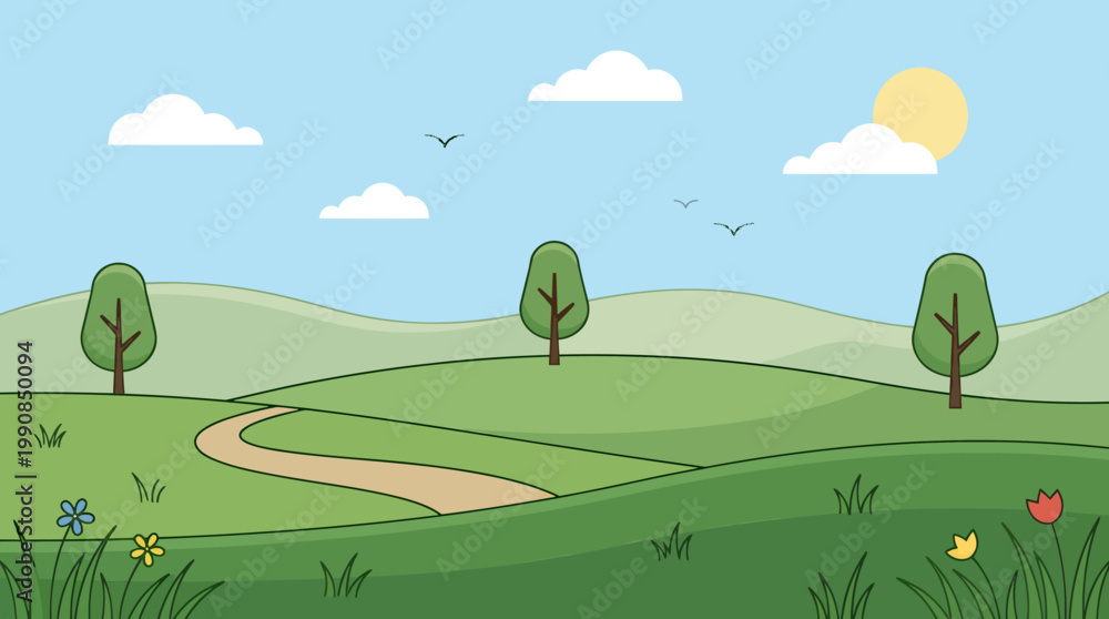 Fototapeta premium A serene landscape of rolling hills with trees and a winding path under a sunny sky with clouds