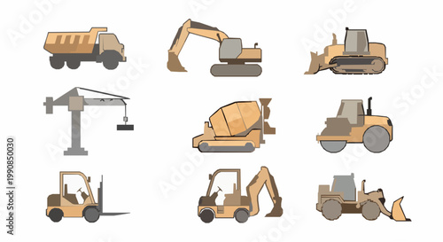 Collection of heavy construction machinery and equipment in action poses