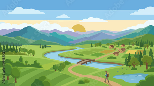 A serene landscape of rolling hills and a winding river under a sunny sky with a person jogging.