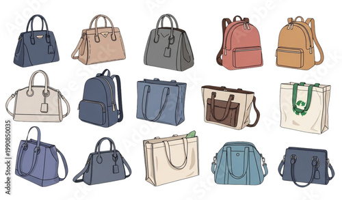 Bag collection vector set fashion handbags backpacks illustration