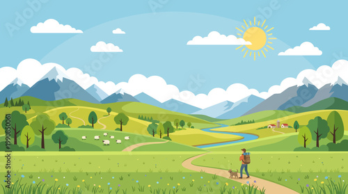 Man walks on a winding path through a green valley with mountains and sunny sky