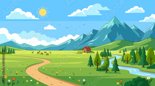 A serene landscape with a winding road through a green valley surrounded by mountains and trees under a sunny sky.