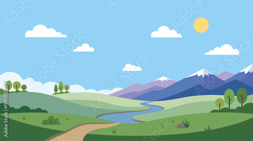 A serene landscape scene with a winding river, green hills, and snow-capped mountains under a sunny sky