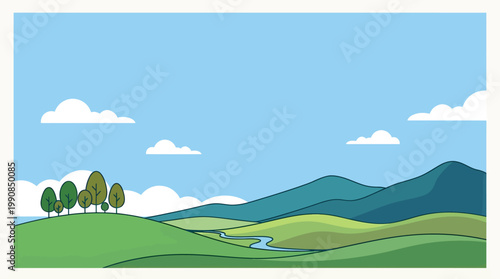 Serene landscape with rolling hills, trees, mountains, clouds, and a stream.