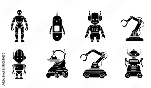Robot silhouette icon set vector diverse AI futuristic robots illustration