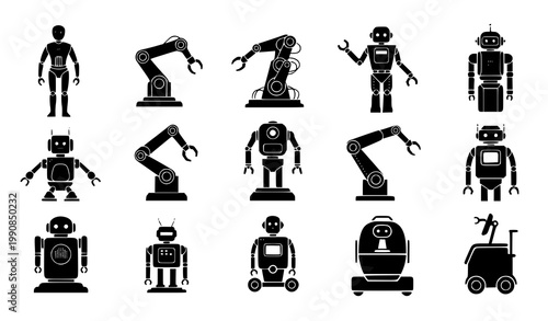 Robot silhouette vector set AI automation futuristic machine icons