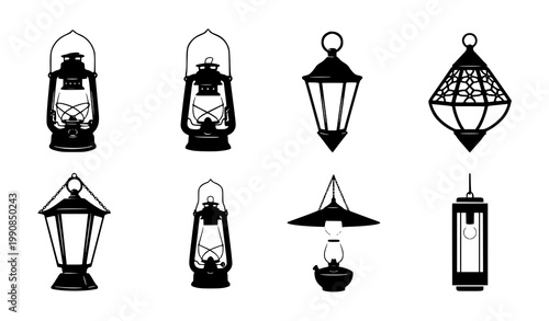 Oil lamp lantern silhouette vector set hanging lamps vintage illustration