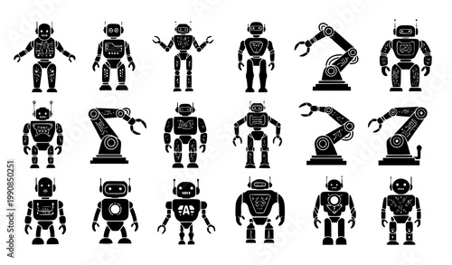 Robot silhouette vector icon set diverse futuristic AI robots illustration