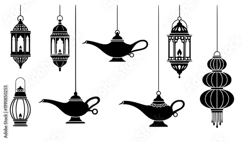 Hanging lantern silhouette vector set oil lamps traditional lighting icons