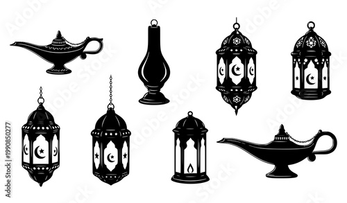 Oil lamps lanterns silhouette vector set hanging traditional lights