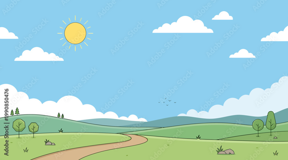 Fototapeta premium A sunny day with clouds over a green landscape featuring a road trees and hills under a blue sky