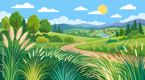 Sunny landscape with winding road through green hills and trees towards distant mountains