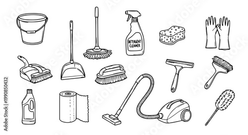 Assorted cleaning tools and supplies arranged on a flat surface